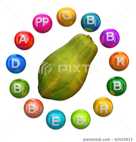Vitamins in papaya, 3D rendering Vitamins in papaya, 3D rendering 62024015