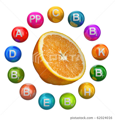 Vitamins in orange, 3D rendering Vitamins in orange, 3D rendering 62024016