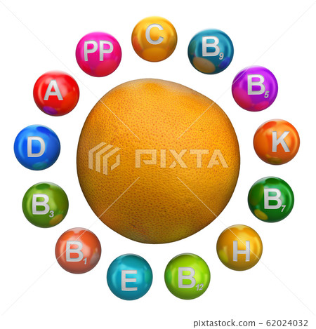 Vitamins in grapefruit, 3D rendering 62024032