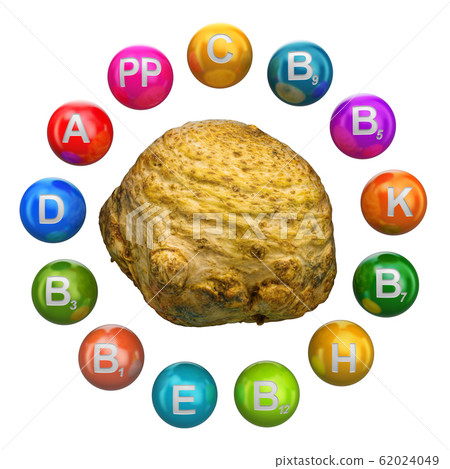 Vitamins in celery root, 3D rendering Vitamins in celery root, 3D rendering 62024049