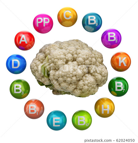 Vitamins in cauliflower, 3D rendering 62024050