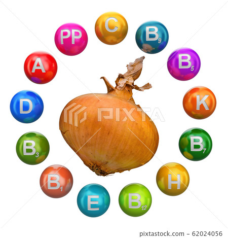 Vitamins in bulb onion, 3D rendering 62024056