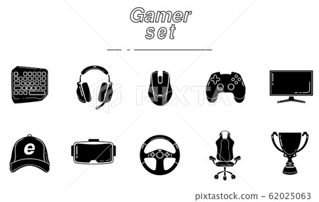 Gaming glyph icon set. Esports equipment. Computer Game devices. Silhouette symbols. Vector isolated illustration Gaming glyph icon set. Esports equipment. Computer Game devices. Silhouette symbols. Vector isolated illustration 62025063