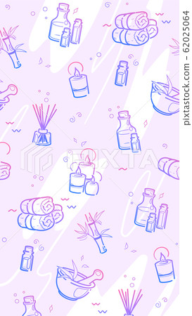 Spa therapy cover in line style on purple background for wellness salon. Relax massage vector drawing wallpaper. Body health nature backdrop. Organic Beauty skincare Social media design texture 62025064