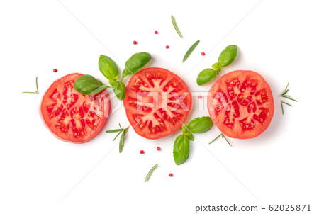 Sliced Tomatoes and Basil Top View and Flat Lay Sliced Tomatoes and Basil Top View and Flat Lay 62025871
