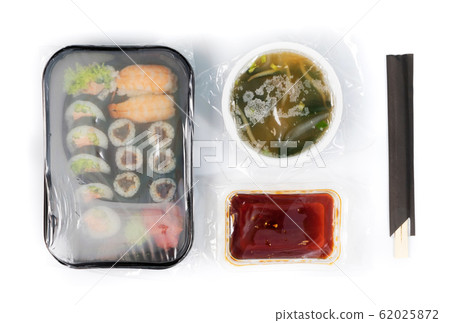 Plastic container with sushi set ready for takeout Plastic container with sushi set ready for takeout 62025872