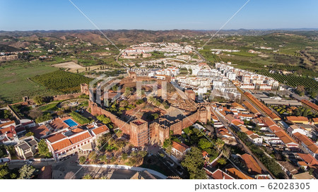 Silves village at the medieval fair, aerial view of the historic castle. Portugal Algarve 62028305