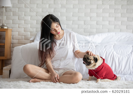 Beautiful Asian young woman playing with her dog and smile with dog pug breed Beautiful Asian young woman playing with her dog and smile with dog pug breed 62029181