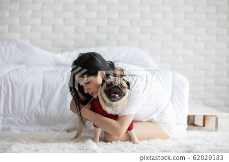 Beautiful Asian young woman playing with her dog and smile with dog pug breed Beautiful Asian young woman playing with her dog and smile with dog pug breed 62029183