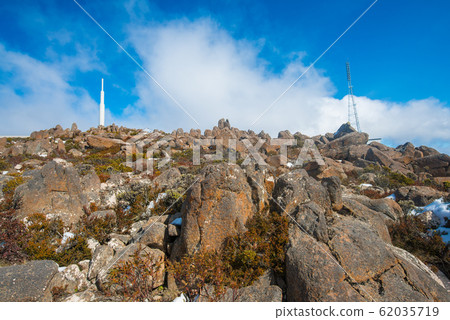 The tower of main television and radio transmitter on the summit of Mount Wellington in Hobart the capital city of Tasmania, Australia. 62035719