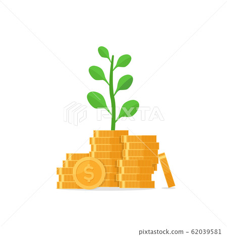 Tree growing on coins stack with Mutual fund, Income increase, revenue growth, credit money 62039581