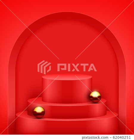 Red Presentation podium with gold balls 62040251