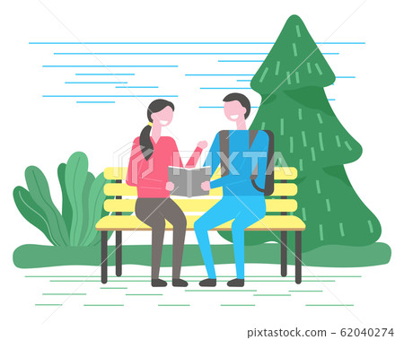 People Sit on Bench in Park, Students Reading Book People Sit on Bench in Park, Students Reading Book 62040274