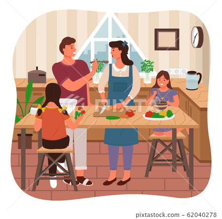 Family Cooking Meal, Parents Children in Kitchen 62040278