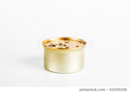 Yellow tin can on white background. Food for humans or animals 62040286