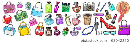 Set of women's accessories. Bags and Perfumes, shoes and coffee. Sticker Girl Collection. Hand drawn Set of women's accessories. Bags and Perfumes, shoes and coffee. Sticker Girl Collection. Hand drawn 62042220