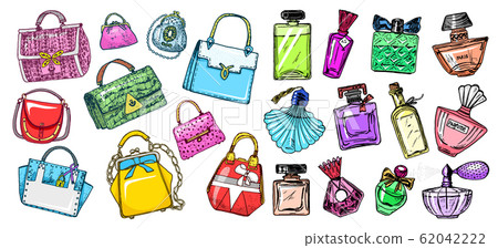 Set of women's accessories. Bags and Perfumes. Sticker Girl Collection. Hand drawn engraved vintage Set of women's accessories. Bags and Perfumes. Sticker Girl Collection. Hand drawn engraved vintage 62042222