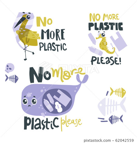 Lettering compositions with sad sea animals and plastic garbage in the ocean. No more plastic Lettering compositions with sad sea animals and plastic garbage in the ocean. No more plastic 62042559