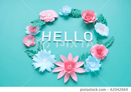Hello, spring. With pink and blue paper flowers Hello, spring. With pink and blue paper flowers 62042669