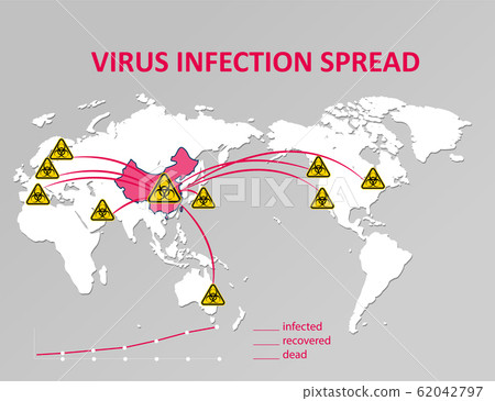 China causative agent of respiratory coronavirus 2019-nKoV. Map of the Earth spread of influenza in the world, arrows showing the spread of the influenza virus. Epidemic Dangerous Chinese virus ncov China causative agent of respiratory coronavirus 2019-nKoV. Map of the Earth spread of influenza in the world, arrows showing the spread of the influenza virus. Epidemic Dangerous Chinese virus ncov 62042797