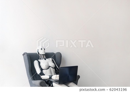 Robot working with laptop while sitting in armchair Robot working with laptop while sitting in armchair 62043196