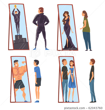 Collection of People Standing in Front of Mirrors Looking at Their Reflection and Imagine Themselves as Successful, Ordinary Men and Woman Seeing Themselves Differently in Mirror Vector Illustration 62043760