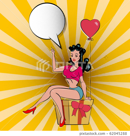 Sexy Pop art woman sits on a gift box with holds an inflatable heart and points a finger to the moon. Vector in retro comic style isolated illustration halftone 62045288