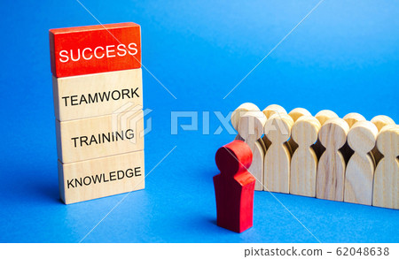 Wooden blocks with the word Success, Teamwork, Training, Knowledge and a business team with a leader. The concept of cooperation and teamwork. Goal achievement. Successful Wooden blocks with the word Success, Teamwork, Training, Knowledge and a business team with a leader. The concept of cooperation and teamwork. Goal achievement. Successful 62048638