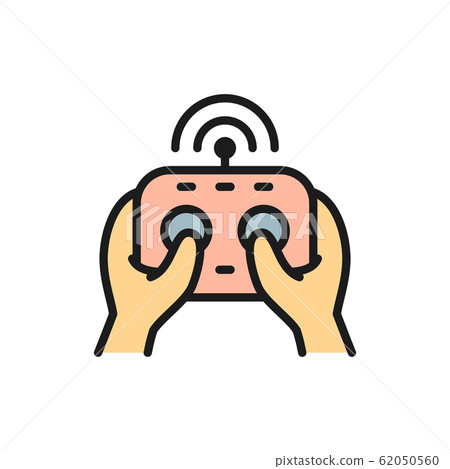 Hands hold remote controller, control panel for drone flat color line icon. 62050560