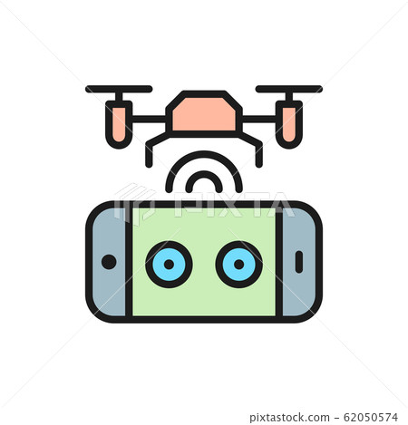 Drone with control panel, mobile remote controller flat color line icon. 62050574