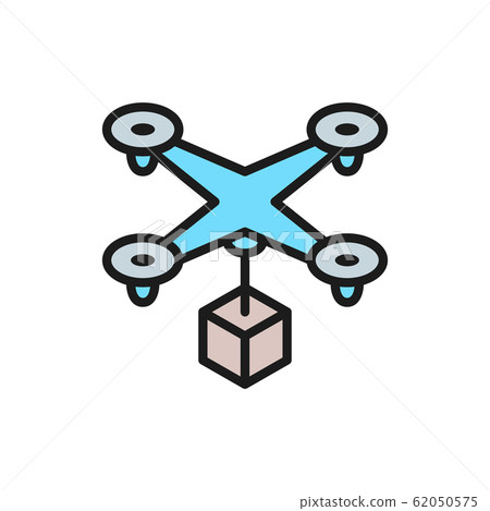 Drone with box, fast delivery service flat color line icon. 62050575