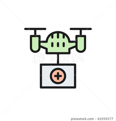 Drone with medical box, fast delivery, transportation flat color line icon. Drone with medical box, fast delivery, transportation flat color line icon. 62050577