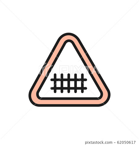 Train road attention sign, railroad tracks flat color line icon. 62050617