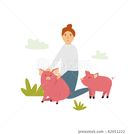 Scene with a farmer girl taking care of piglets. Scene with a farmer girl taking care of piglets. 62051222