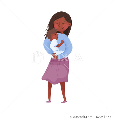 Mom and Her Kid Vector Illustration. Young Mother Holding Her Baby in Arms and Embracing Mom and Her Kid Vector Illustration. Young Mother Holding Her Baby in Arms and Embracing 62051867