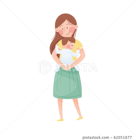Mom and Her Kid Vector Illustration. Young Mother Holding Her Baby in Arms and Embracing Mom and Her Kid Vector Illustration. Young Mother Holding Her Baby in Arms and Embracing 62051877