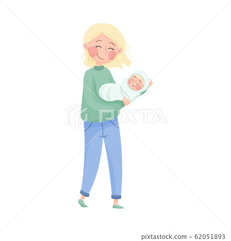 Mom and Her Kid Vector Illustration. Young Mother Holding Her Baby in Arms and Embracing Mom and Her Kid Vector Illustration. Young Mother Holding Her Baby in Arms and Embracing 62051893