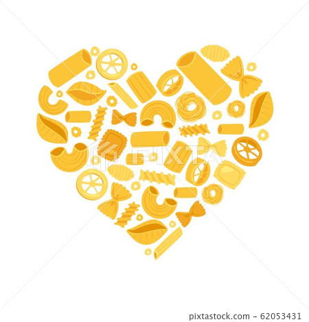 Italian pasta heart from different types fusilli, spaghetti and rigatoni, ravioli isolated on white background poster vector illustration. 62053431