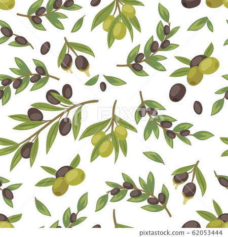 Olives black and green, twigs leaves and fruits of Olea europaea seamless pattern vector illustration. Olives black and green, twigs leaves and fruits of Olea europaea seamless pattern vector illustration. 62053444
