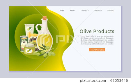 Olive oil products with olive fruits, leaves, jars and bottles web template vector illustration. Olive oil products with olive fruits, leaves, jars and bottles web template vector illustration. 62053446