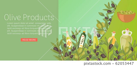 Organic olive oil products with olive fruits, leaves, jars and bottles web banner vector illustration. Organic olive oil products with olive fruits, leaves, jars and bottles web banner vector illustration. 62053447