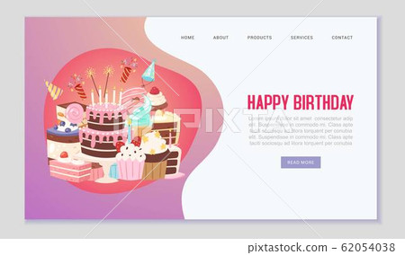Happy birthday sweets festive web template vector illustration. Happy birthday party with sweets, cakes, candy and capcakes, carnival caps. Baking and festive goods. 62054038