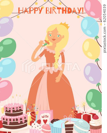 Happy birthday princess with cakes, sweets and festive baloon vector illustration. Happy birthday party invitation with sweets, cakes, and capcakes and princess girl. Happy birthday princess with cakes, sweets and festive baloon vector illustration. Happy birthday party invitation with sweets, cakes, and capcakes and princess girl. 62054039