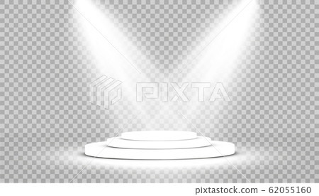 Round podium, pedestal or platform illuminated by spotlights on transparent background. Platform for design. Realistic 3D empty podium. Stage with scenic lights 62055160