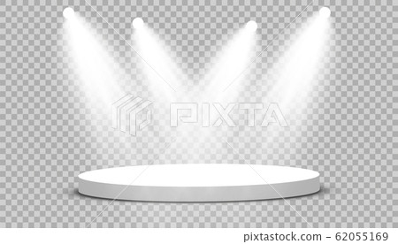 Round podium, pedestal or platform illuminated by spotlights on transparent background. Platform for design. Realistic 3D empty podium. Stage with scenic lights 62055169
