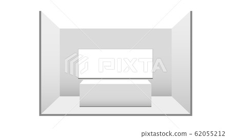 3D exhibition booth. White empty promotional stand with desk. Vector white empty geometric square. Presentation event room display. Blank box template 62055212