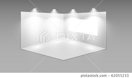 3D exhibition booth. White empty promotional stand with desk. Vector white empty geometric square. Presentation event room display. Blank box template 62055233