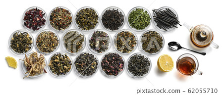 Large assortment of tea on a white background. The view from the top Large assortment of tea on a white background. The view from the top 62055710