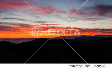 Dramatic red sky on dark woodland 62056808