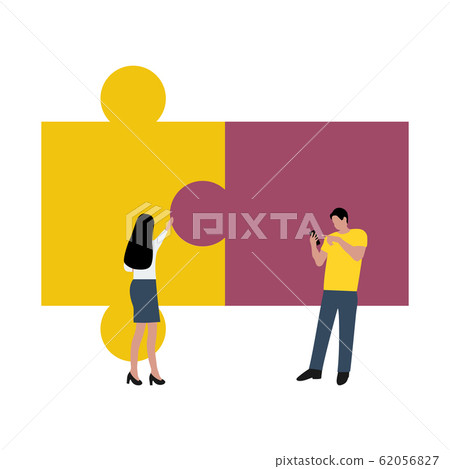 People connected puzzle pieces. Performing work according to the instructions. Joint collaboration of a group of persons. Flat cartoon design, vector illustration 62056827